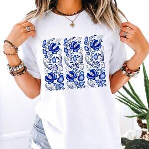 Blue Folk Floral Shirt, Blue Flower T-Shirt, Floral Graphic Tee